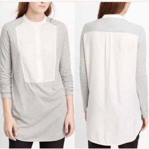 Vince‎ Mixed Media Tuxedo Tunic Top Gray White XS Mandarin Collar Chic